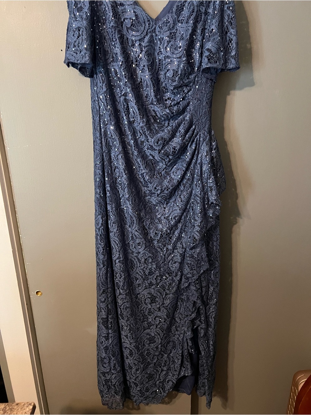 Alex Evenings Elegant Slate Blue Lace Evening Dress with Sequin Detail